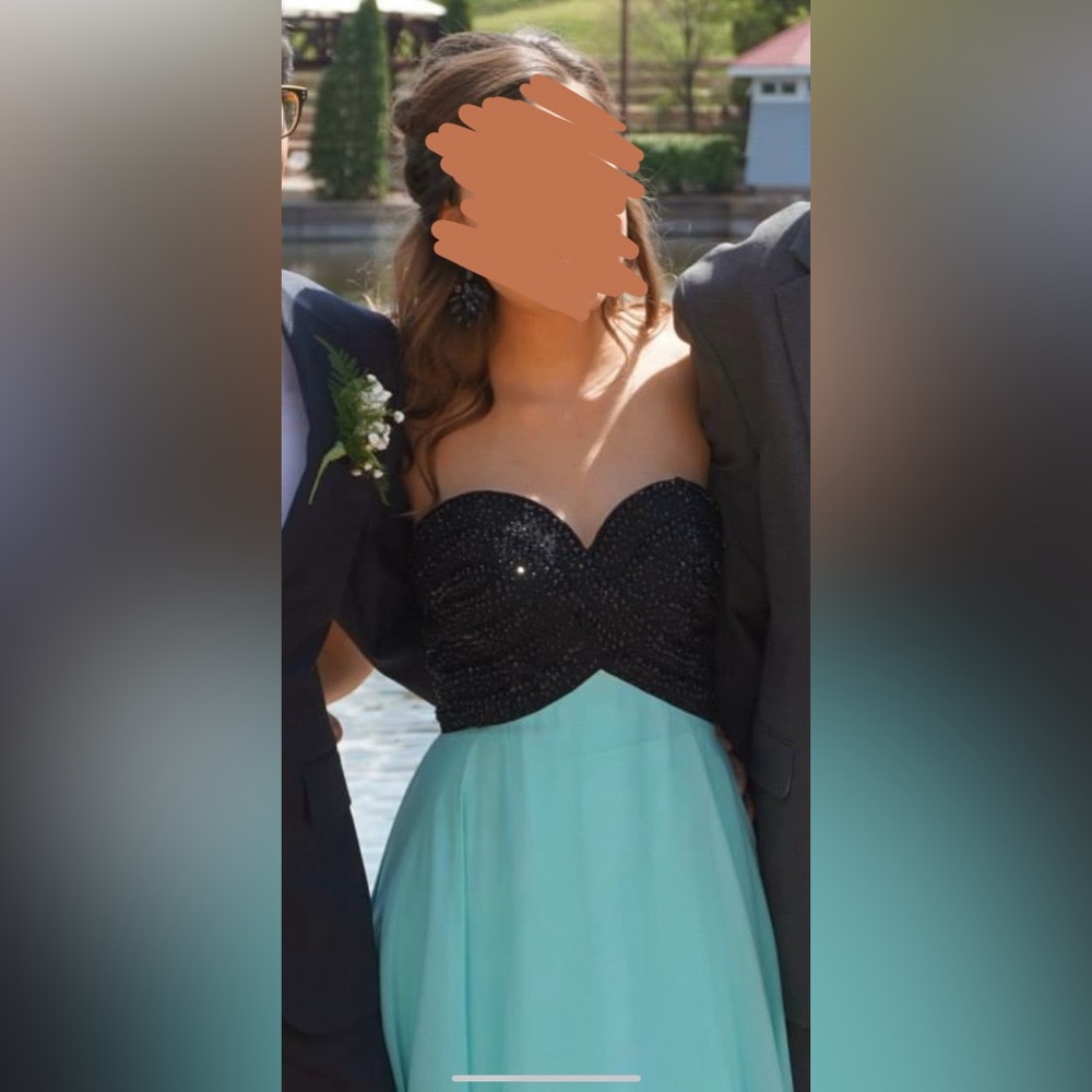 Teal / Light Blue Strapless with Black Beaded Bodice Prom Dress